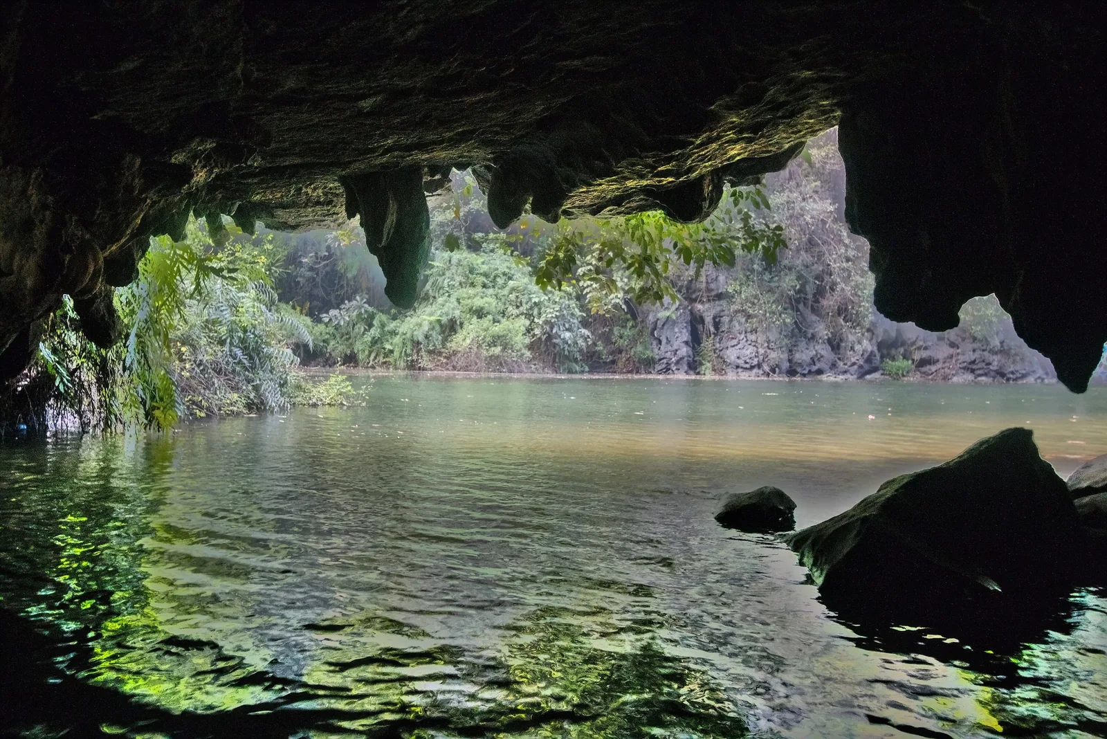 A limestone cave mouth opens onto calm river water surrounded by lush greenery in Trang An, Ninh Binh.